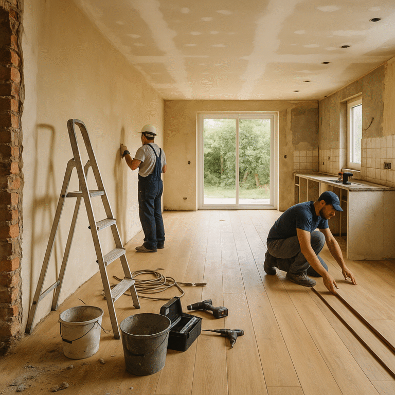 Dos obreros trabajando en la reforma de un salón, aplicando yeso en paredes y colocando suelo laminado, con herramientas y luz natural entrando desde una puerta corredera.