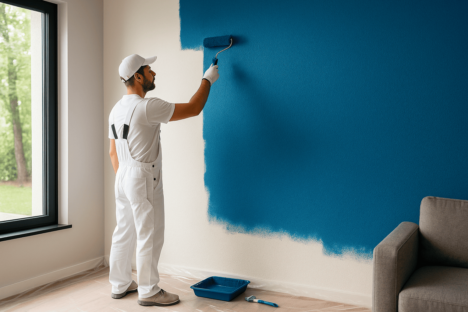 Pintor profesional aplicando pintura azul vibrante en la pared de un salón moderno.